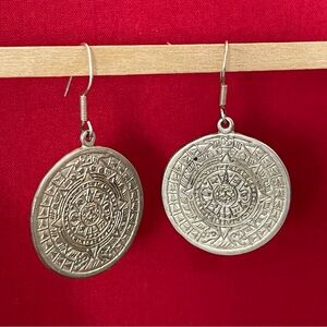 Silver Plated  Aztec Calendar Earrings.